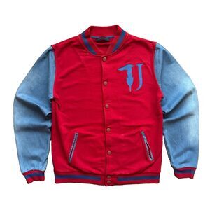 Trussardi Jeans Varsity Bomber Denim Jacket Mens M Red Blue Embroidered Logo